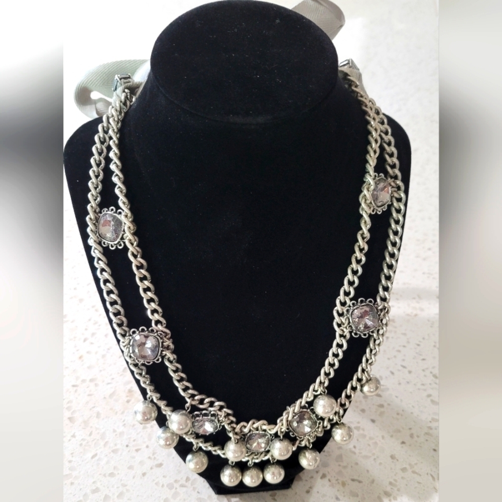 LOFT Silver & Pearl Necklace with Ribbon Tie – Elegant & Feminine